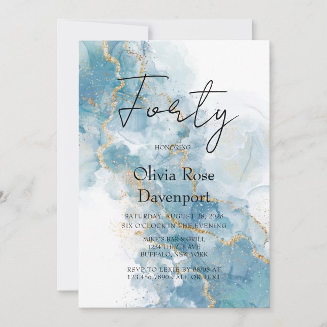 Dusty Blue & Guld Alcohol Bläck 40:e födelsedagen  Inbjudningar (Framsida)