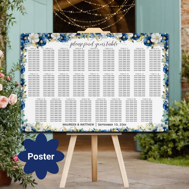 Dusty Blue Guld Blommigt 26 Bord Bröllop säten Poster (Skapare uppladdad)