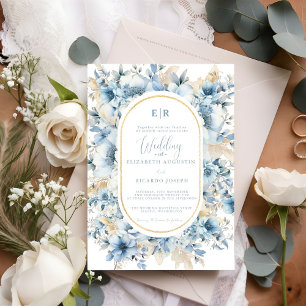 Dusty Blue Guld Blommigt Bloom i ett Bröllop Inbjudningar