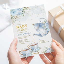 Dusty Blue Guld Blommigt Boy Shower Tea Party Inbjudningar