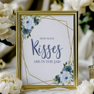 Dusty Blue Guld Blommigt Hur många Kisses-tecken Poster