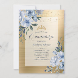 Dusty Blue Guld Blommigt Quinceañera-inbjudan Inbjudningar