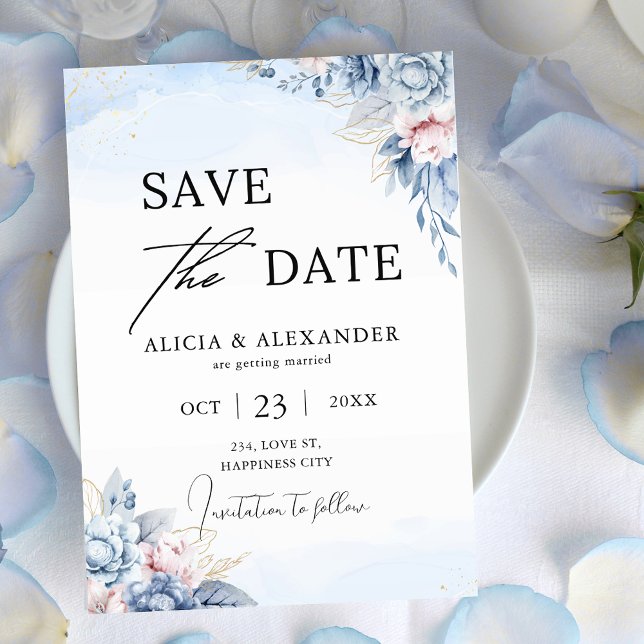 Dusty Blue  Guld Blommigt Spara datum Inbjudningar (Dusty Blue Blush Gold Floral Save the Date Invitation)