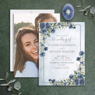 Dusty Blue Guld Blommigt Watercolor Photo Script Inbjudningar
