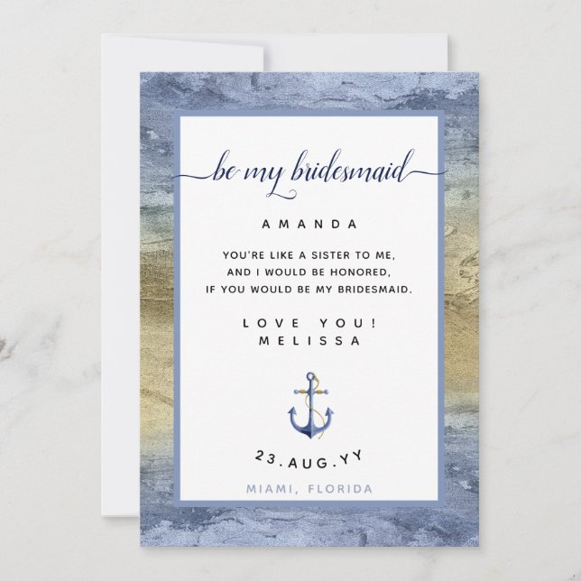 Dusty Blue Guld Bridesmaid Frieri Nautical Card Inbjudningar (Framsida)