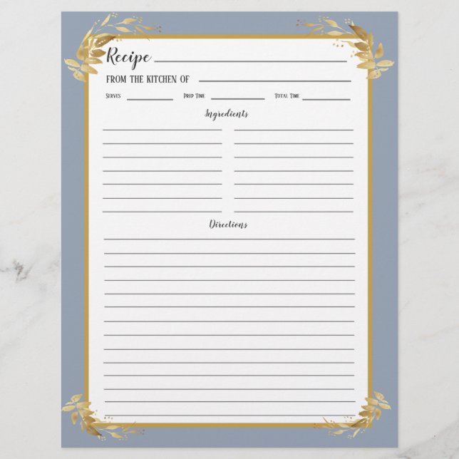 Dusty Blue Guld Foliage Recipe Binder Page (Framsida)