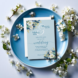 Dusty Blue Guld Glitter Blommigt Bröllop Inbjudningar