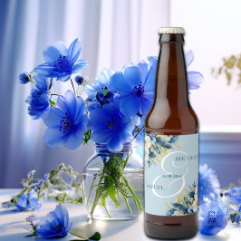Dusty Blue Guld Glitter Blommigt Bröllop Ölflaska Etikett