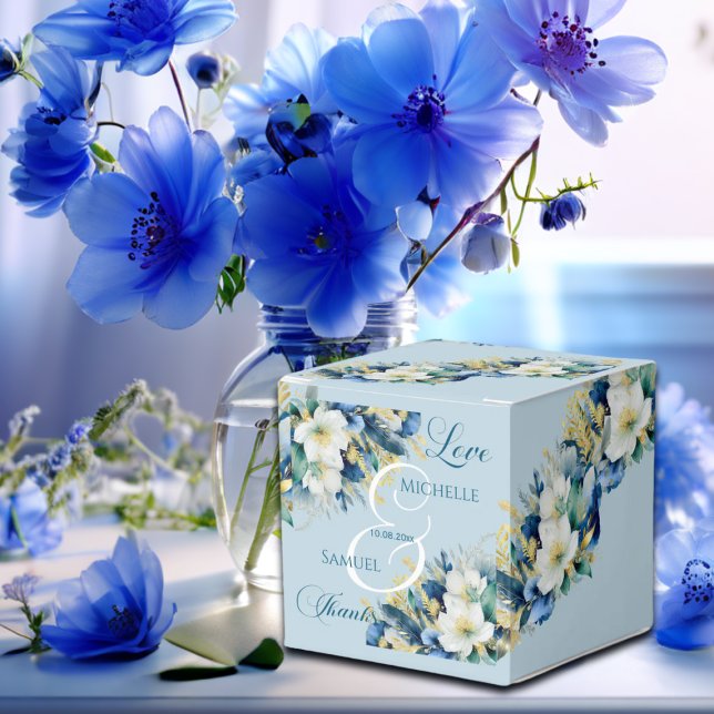 Dusty Blue Guld Glitter Blommigt Bröllop Presentaskar (Skapare uppladdad)