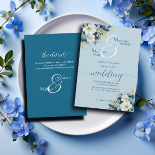 Dusty Blue Guld Glitter Blommigt och uppgifter om Inbjudningar