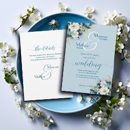 Dusty Blue Guld Glitter Blommigt och uppgifter om  Inbjudningar