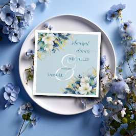 Dusty Blue Guld Glitter Blommigt Rehearsal Dinner Pappersservett