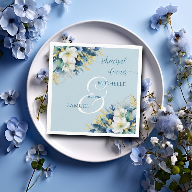 Dusty Blue Guld Glitter Blommigt Rehearsal Dinner Pappersservett (Skapare uppladdad)
