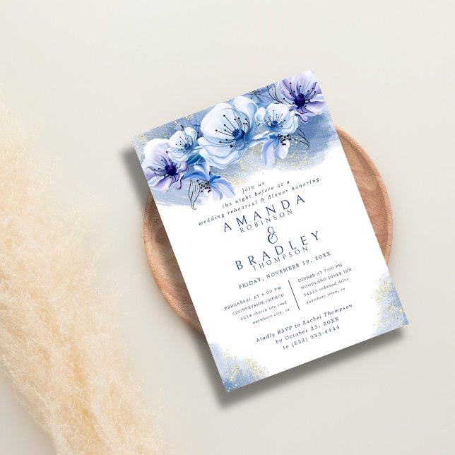 Dusty Blue & Guld Glitter Bröllop Rehearsal Middag Inbjudningar (Skapare uppladdad)