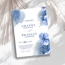 Dusty Blue & Guld Glitter Elegant Blommigt Bröllop Inbjudningar