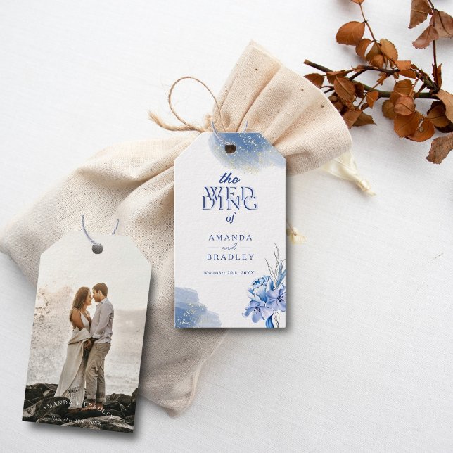 Dusty Blue Guld Glitter Elegant Rustic Bröllop Presentetikett (Skapare uppladdad)