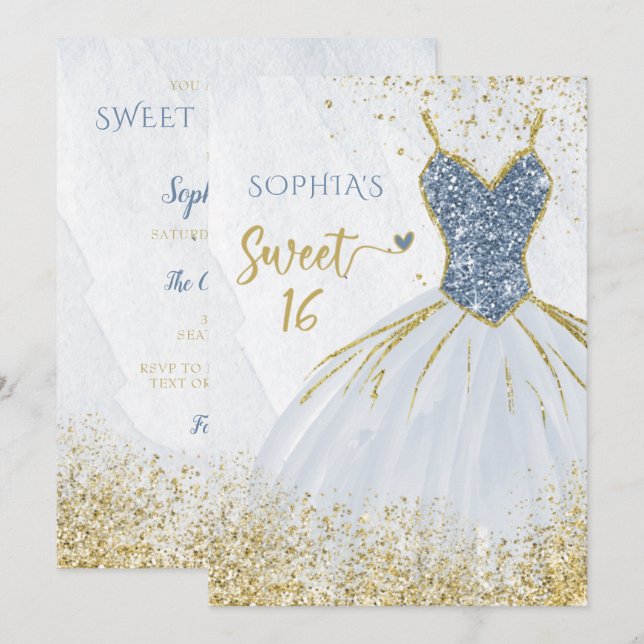 Dusty Blue Guld Gnistra Dress Sweet 16 födelsedag Inbjudningar (Fram/baksida)