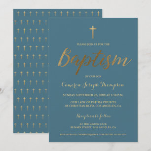 Dusty Blue Guld Kor Anpassningsbar Pojke Baptism Inbjudningar
