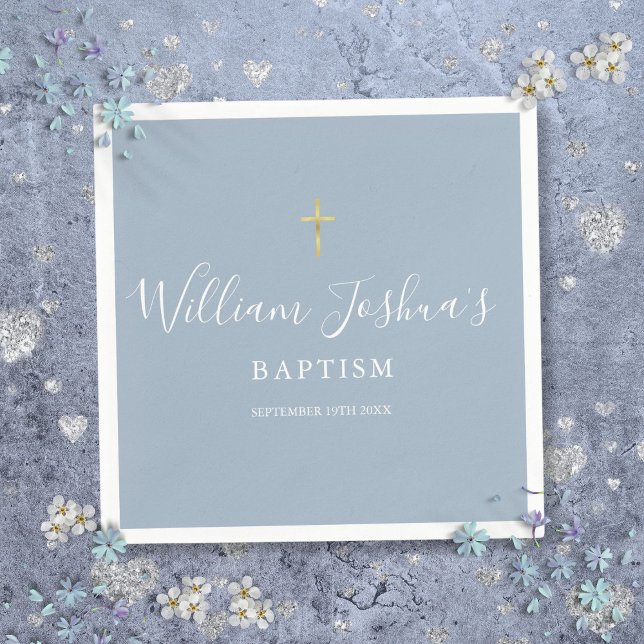 Dusty Blue Guld Kors Dop Dopceremoni Pappersservett (Dusty Blue Gold Cross Baptism Christening Napkins)