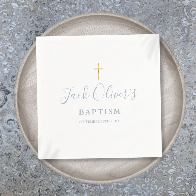 Dusty Blue Guld Kors Dop Dopförrättning Pappersservett (Dusty Blue Gold Cross Baptism Christening Napkins)