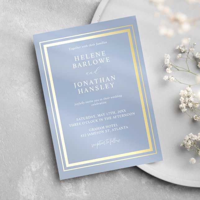 Dusty Blue Guld Modern minimalistisk Elegant bröll Inbjudningar (Dusty Blue Gold Modern Minimalist Elegant Wedding Invitation)