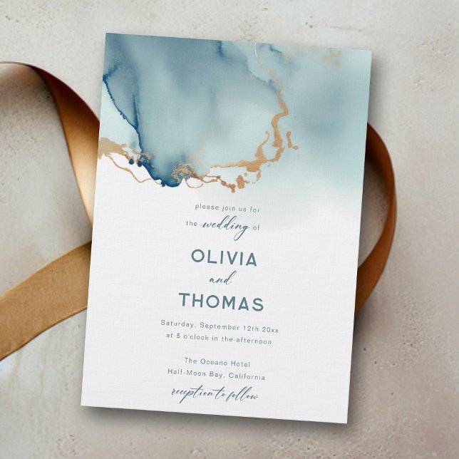 Dusty Blue Guld Modern Romantic Teal Beach Wedding Inbjudningar (dusty blue gold beach wedding invitation modern elegant bohemian romantic simple classy calligraphy)