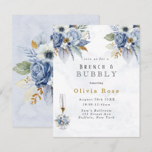 Dusty Blue Guld Peony Chic Brunch & Bubly Inbjudningar