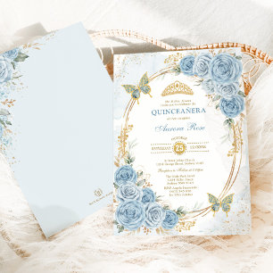 Dusty Blue Guld Quinceanera Mis Quince 15 Anos Inbjudningar
