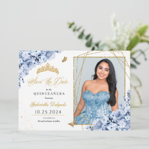 Dusty Blue & Guld Quinceañera Spara datumfoto Inbjudningar