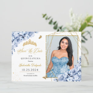 Dusty Blue & Guld Quinceañera Spara datumfoto Inbjudningar