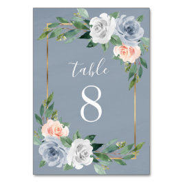 Dusty Blue Guld Rosa Peach Blommigt Bröllop Bordsnummer