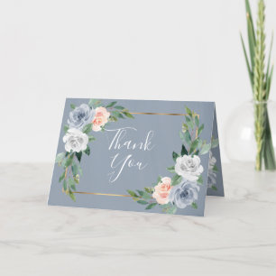 Dusty Blue Guld  Rosa Peach Blommigt Bröllop Tack Kort