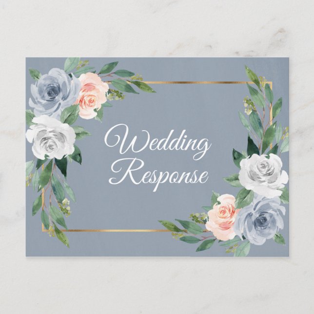 Dusty Blue Guld  Rosa Peach Bröllop OSA Inbjudan Vykort (Framsida)