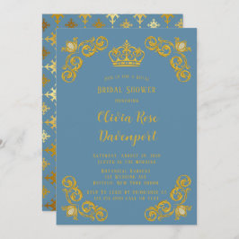 Dusty Blue & Guld Royal Krona Damask Möhippa Inbjudningar