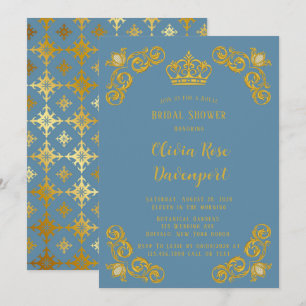 Dusty Blue & Guld Royal Krona Damask Möhippa Inbjudningar
