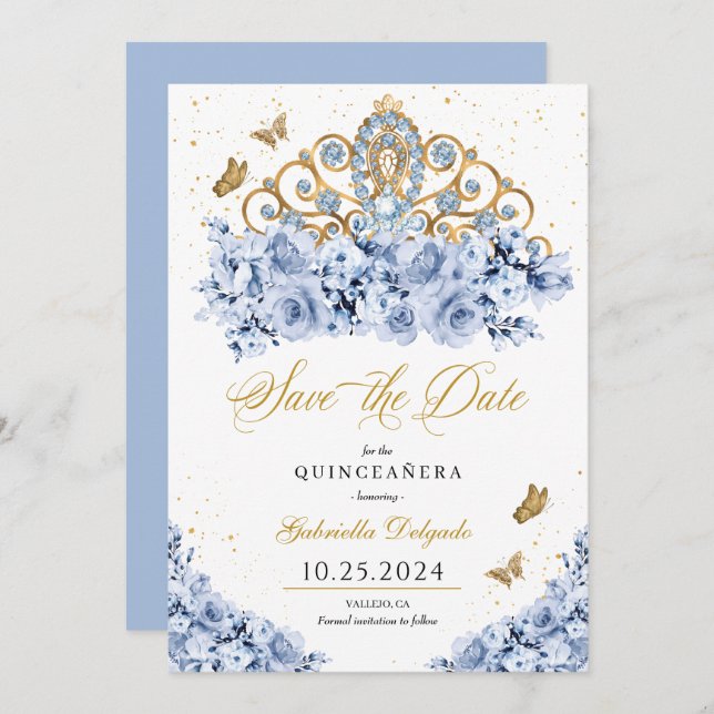 Dusty Blue & Guld Tiara Spara datumet Quinceañera Inbjudningar (Fram/baksida)