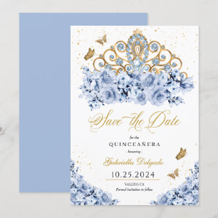 Dusty Blue & Guld Tiara Spara datumet Quinceañera Inbjudningar