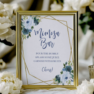 Dusty Blue Guld Watercolor Blommigt Mimosa Pub Sig Poster