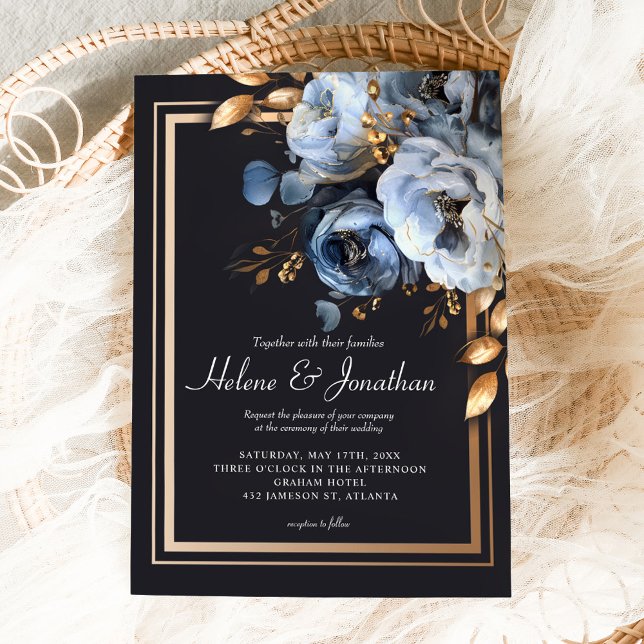 Dusty Blue Guld Watercolor Modern Elegant bröllop Inbjudningar (Dusty Blue Gold Watercolor Modern Elegant Wedding Invitation)