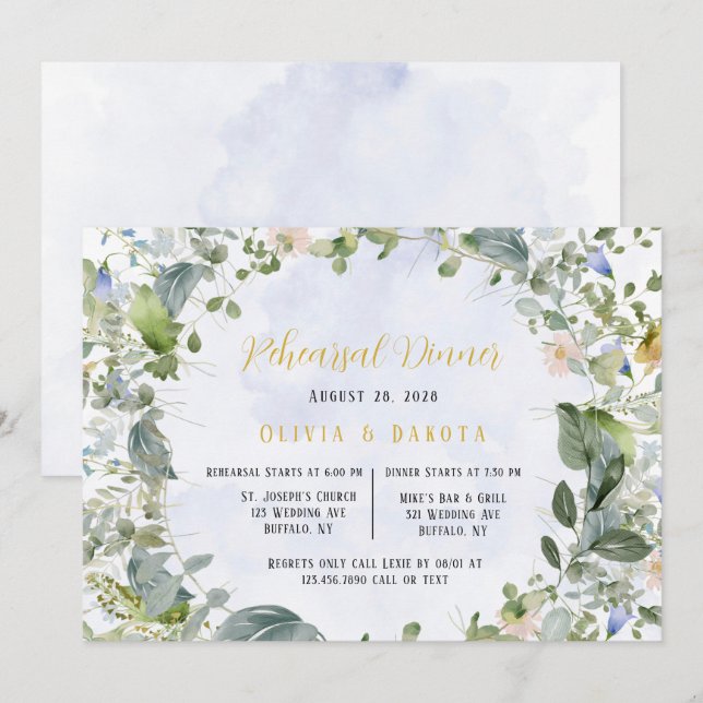 Dusty Blue Guld Wildblommor Rehearsal Dinner Inbjudningar (Fram/baksida)
