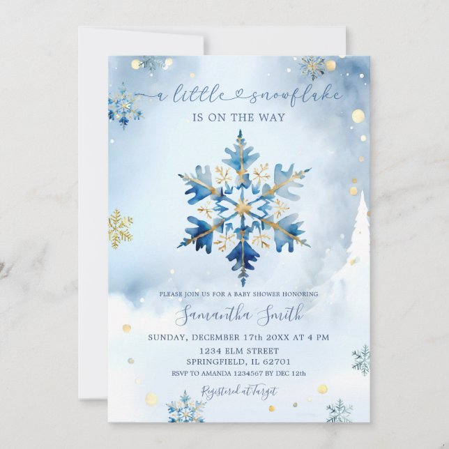 Dusty Blue Guld Winter Snowflake Baby Shower Inbjudningar (Framsida)