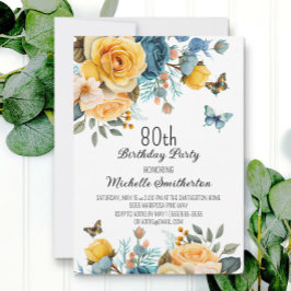 Dusty Blue Gult Blommigt Butterflies 80:e födelsed Inbjudningar