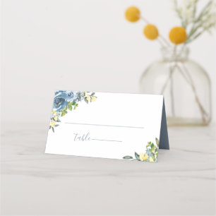 Dusty Blue Gult Botanical Bröllop Placeringskort