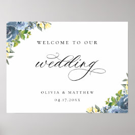 Dusty Blue Gult Botanical Bröllop Welcome Poster