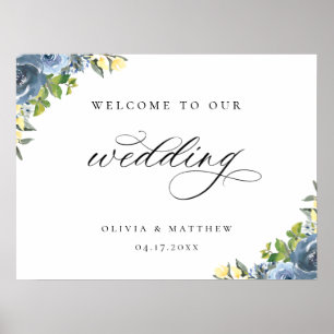 Dusty Blue Gult Botanical Bröllop Welcome Poster