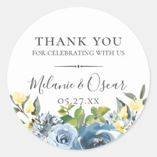 Dusty Blue Gult Botanical Wedding Favor Runt Klistermärke