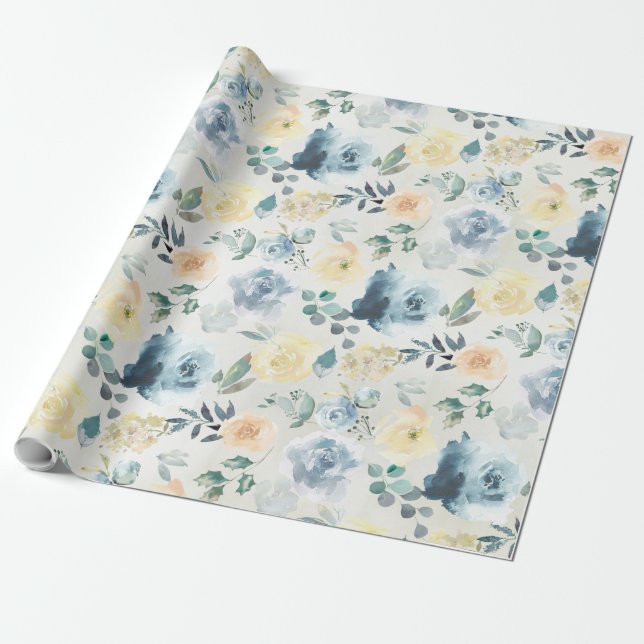 Dusty Blue & Gult Peony Eucalyptus Blommigt Garden Presentpapper (Utrullad)