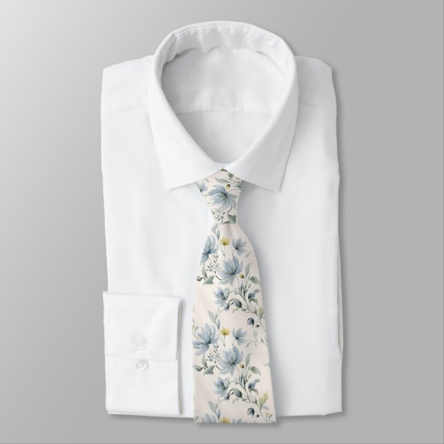 Dusty Blue Gult Watercolor Blommigt Bröllop Groom Slips (Bunden)