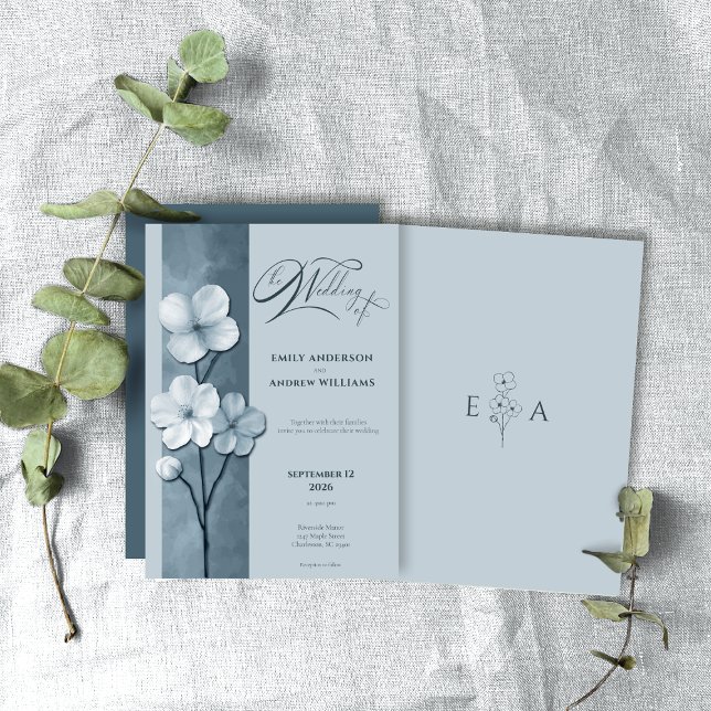 Dusty Blue Hand Drawn Floral Botanical Wedding Inbjudningar (Skapare uppladdad)