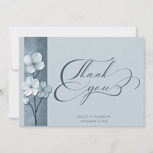 Dusty Blue Hand Drawn Floral Botanical Wedding Tack Kort (Framsida)